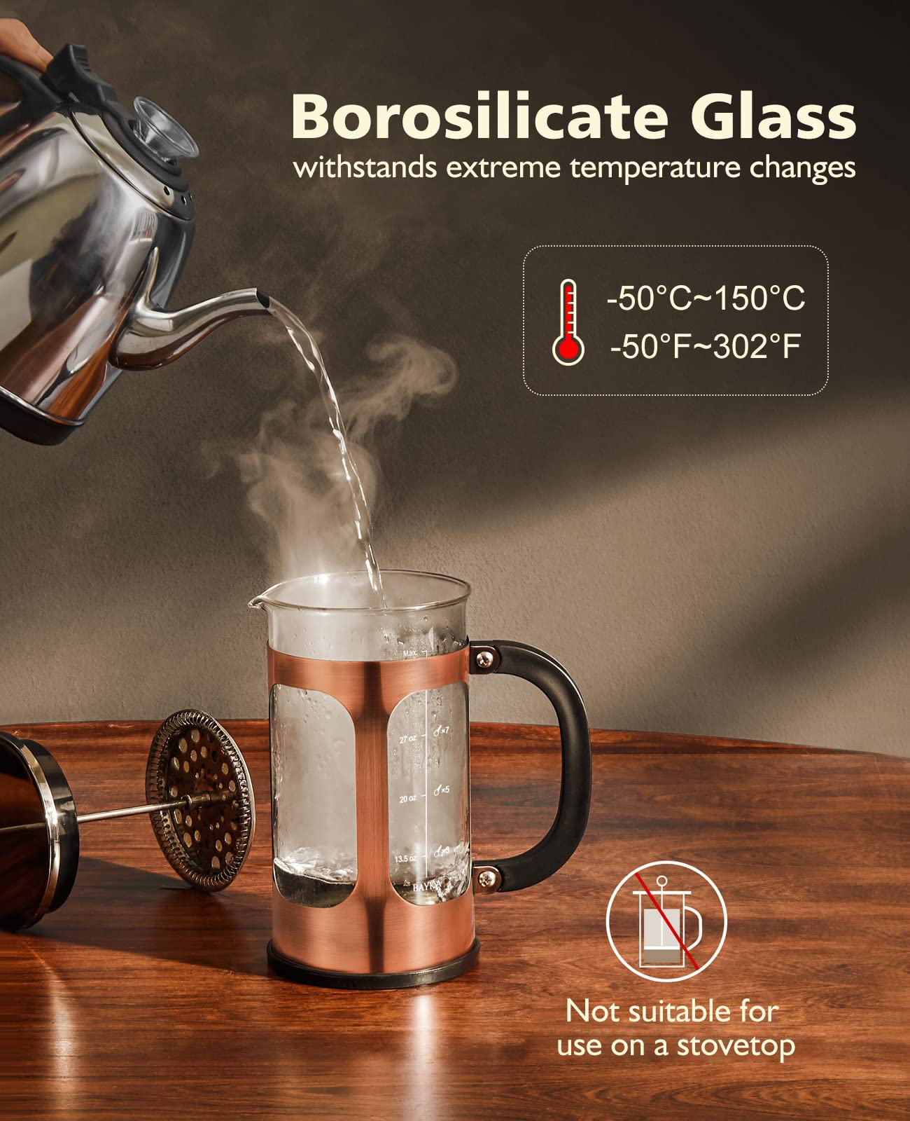 BAYKA 1 Liter 34 Ounce French Press Coffee Maker, Glass Classic Copper Stainless Steel Coffee Press, Cold Brew Heat Resistant Thickened Borosilicate Coffee Pot for Camping Travel Gifts