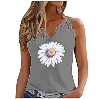 Womens V Neck Henley Tank Tops Summer Sleeveless Top Daisy Printed Graphic Tees Basic Casual Tunic Tops