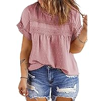 Eytino Women Plus Size Tops Crewneck Short Sleeve Lace Crochet Loose Casual Summer Blouses Shirts(1X-5X)