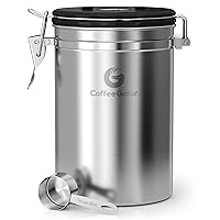 Coffee Gator Stainless Steel Canister - Large 22oz, Silver Coffee Grounds and Beans Container with Date-Tracker, CO2-Release Valve, and Measuring Scoop - Ideal Coffee Lovers Gifts for Her