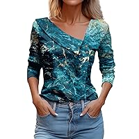 Women's Long Sleeve Blouses Casual Fashion Printed Lapel V Neck Button Pullover Top Work Blouses, S-3XL
