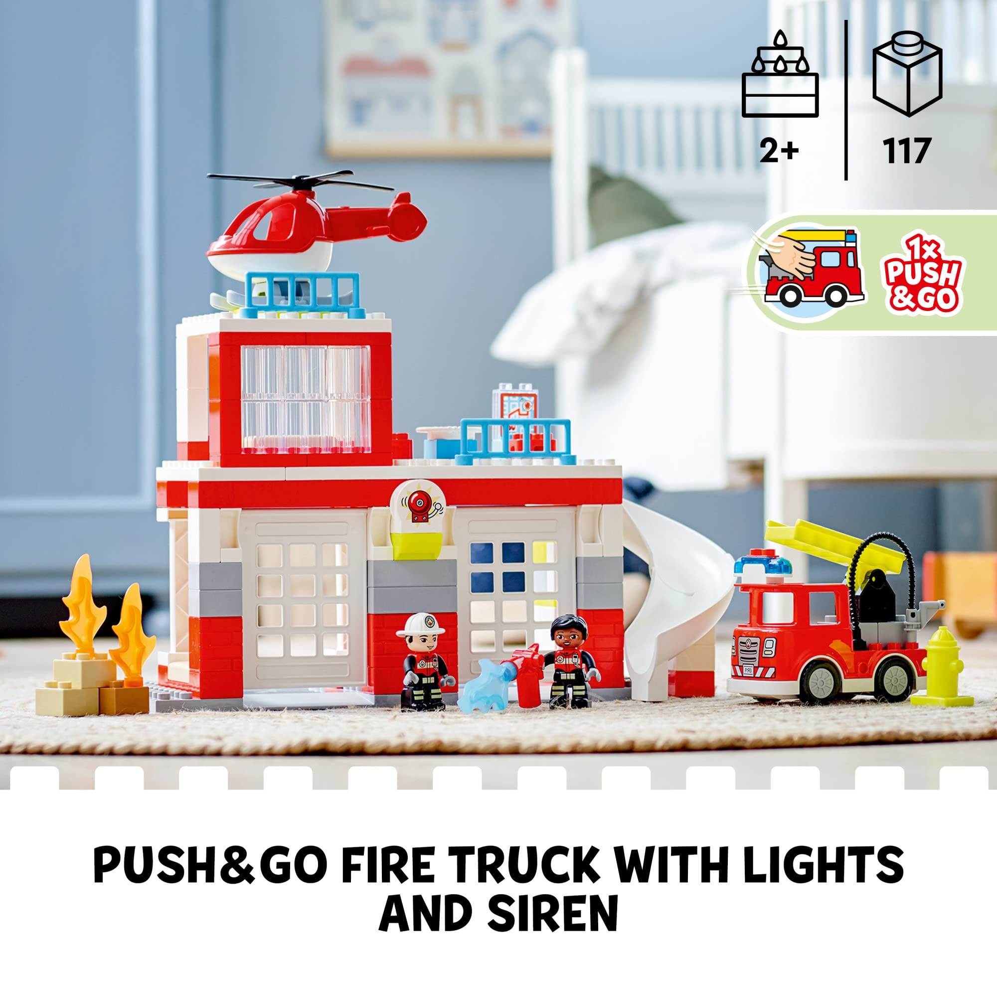 LEGO DUPLO Fire Station & Helicopter Playset 10970, with Push & Go Truck Toy for Toddlers, Boys and Girls 2 Plus Years Old, Large Bricks Educational Learning Toys