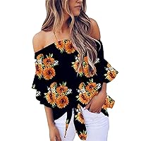 Andongnywell Women Striped Off Shoulder Tops Casual Tie Knot Bell Sleeve Blouse Shirt One-Shoulder Printed Shirt
