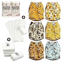 Mama Koala 2.0 Baby Cloth Diapers with 6 Inserts Bundle(Busy Bees), with 6pcs 5-Layer Bamboo(No Microfiber) Inserts, and 2 Rolls Natural Liners