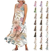 Summer Dress for Women 2024 Plus Size Sundress Floral Sleeveless Dress Cotton Linen Beach Dress with Pockets