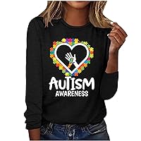 Autism Awareness Letter T-Shirt Women Funny Puzzle Love Heart Graphic Tee Tops Long Sleeve Crewneck Pullover Blouse