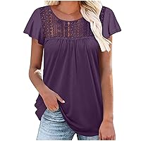 Summer Shirts for Women 2024 Dressy Tops Lace Shoulder Tunic Tops Floral Casual Blouses Round Neck Short Sleeve Tees