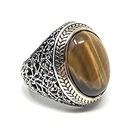 KAR 925K Stamped Sterling Silver Heavy Natural Oval Tiger Eye Men's Ring I1S Gift For Him
