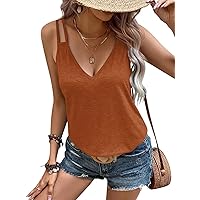 Women Sexy Deep V Neck Spaghetti Strap Tank Tops Summer Sleeveless Vacation Eyelet Camisole