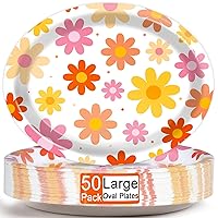 50PCS Groovy Daisy Oval Paper Plates Retro Daisy Party Decor 11inch Large Hippie Boho Flower Platters, Daisy Floral Dish Tray for 60s 70s Birthday Baby Shower Wedding Party Tableware Supplies