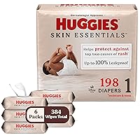 Huggies Skin Essentials Bundle: Huggies Skin Essentials Baby Diapers, Size 1 (8-14 lbs), 198 Count (3 Packs of 66) & Huggies Skin Essentials Baby Wipes, 132 Count (6 Packs of 56)