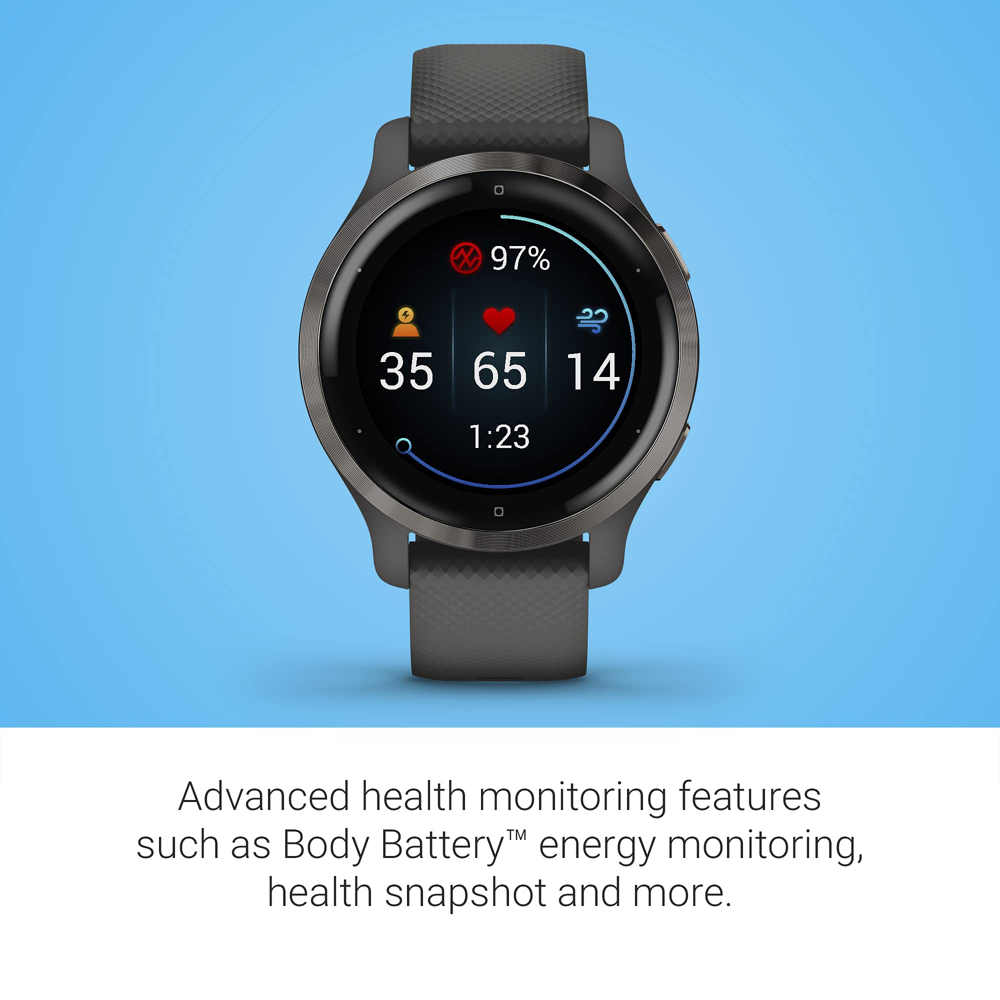 Garmin Venu 2S, Smaller-sized GPS Smartwatch with Advanced Health Monitoring and Fitness Features, Slate Bezel with Graphite Case and Silicone Band