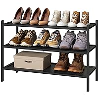 3-Tier Black Bamboo Shoe Rack for Entryway, Stackable | Foldable | Natural, Shoe Organizer for Hallway Closet, Free Standing Shoe Racks for Indoor Outdoor