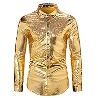 Shiny Blue Sequin Dress Shirt Men Hip Hop Streetwear Shirts Mens 70S Disco Party Nightclub Stage Prom Clothing