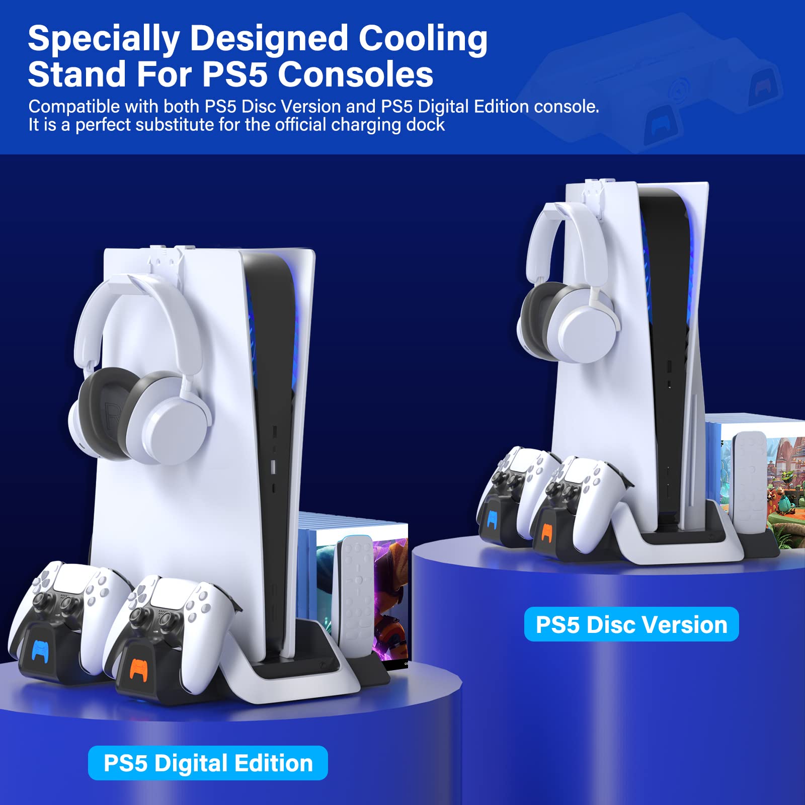 PS5 Stand and Cooling Station with Dual PS5 Controller Charging Station for Playstation 5 PS5 Console Disc/Digital Edition, PS5 Accessories, Cooling Fan, Headset Holder, 11 Game Slots, Black