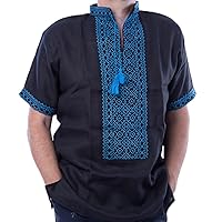 Rushnichok Vyshyvanka for Men Ukrainian Embroidered Shirt Handmade Short Sleeve Black