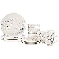 Round Dinnerware Sets | White & Gray Kitchen Plates, Bowls, and Mugs | 16 Piece Stoneware Marble Collection 10.5 x 10.5 | Dishwasher & Microwave Safe | Service for 4