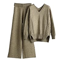 Flygo Women's Knitted Outfits Sweater Sets Pullover Jumper Long Pants 2 Piece Set Loungewear
