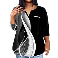Plus Size Outfits for Women, Sexy Club Outfits for Women Women Clothing Womens Fashion 3/4 Sleeve Shirt V Neck Tops Daily Printed Trendy Casual Shirt Plus Size Loose Summer Blouse (Black,4X-Large)