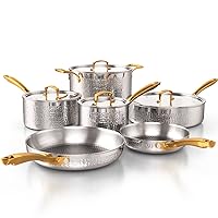 Homaz life Pots and Pans Set, Tri-Ply Stainless Steel Hammered Kitchen Cookware, Induction Compatible, Dishwasher and Oven Safe, Non-Toxic, Professional Grade Cooking Sets, 10-Piece, Silver
