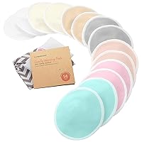 Organic Bamboo Nursing Pads - 14 Washable Breastfeeding Pads, Wash Bag, Reusable Breast Pads for Breastfeeding, Nipple Pads for Breastfeeding, Breastfeeding Essentials (Pastel Touch, M 3.9