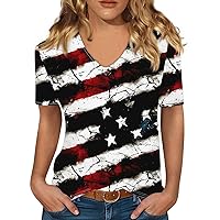 American Flag Tshirt Women Stars Stripes Fourth July Tee Shirts Casual V Neck Short Sleeve Tops Summer Tunic Blouse