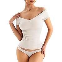 Women Off The Shoulder V Neck Seamless Top with Built in Bra Ribbed Short Sleeve Fitted Shirts Summer Tops 2024