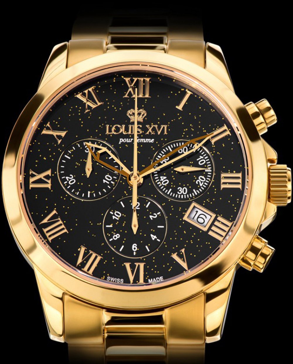 LOUIS XVI Damen-Armbanduhr Athos Pour Femme Stahlband Gold Schwarz Stars Edition Gold Chronograph Analog Quarz Edelstahl 545