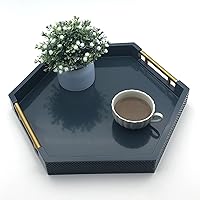Serving Tray with Polished Metal Handles, Hexagon Coffee Table Tray, Modern Rectangle Decorative Tray, Large Ottoman Tray, Perfect for Storage and Display (Blue Hexagon)