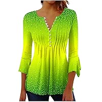 St Patricks Day Henley Tunic Tops Women Gradient Green 3/4 Bell Sleeve Irish T-Shirt Fashion Print Elegant Blouses