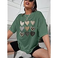 Women's T-Shirt Heart Print Drop Shoulder Oversized Tee (Color : Dark Green, Size : Medium)