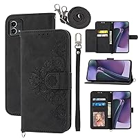 Wallet Case for Motorola Moto G Stylus 5G 2023 with Wrist Strap Crossbody Shoulder Strap, Embossed PU Leather Flip Credit Slim Stand Cell Phone Cover for GStylus G5 XT2317DL Women Girls Black