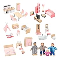 Wooden Dollhouse Furniture Set, 36pcs Furnitures with 4 Family Dolls, Dollhouse Accessories Pretend Play Furniture Toys for Boys Girls & Toddlers 3Y+, Pink