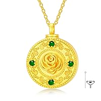 SOULMEET Gold Emerald Cremation Jewelry for Ashes, Personalized Gold Sunflower/Lotus/Rose/Cross/Medal Round Ashes Locket Necklace Natural Gemstone Urn Necklace Custom Dainty Gold Chain