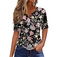 Women's T-Shirts Dressy Button Down Tunic Short Sleeve Floral Print Blouses Henley V Neck Summer Cute Clothes