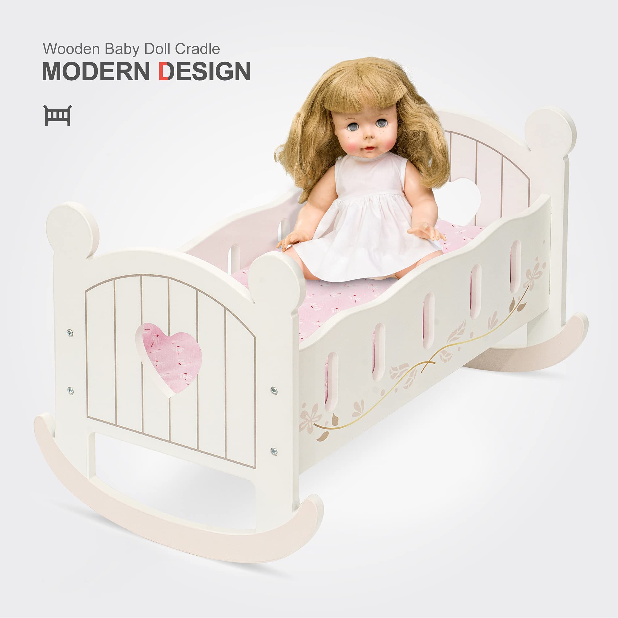 ROBUD Wooden Baby Doll Crib, Baby Doll Bed Toys, Fits Up to 18 Inch Doll Accessories