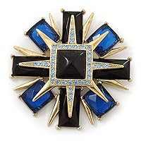 Victorian Style Black/Blue Resin Stone Layered Cross Brooch In Gold Tone Metal - 75mm Across