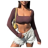 SHENHE Women's Ribbed Knit Square Neck Long Sleeve Crop Tee Top Sexy Slim Fit Top