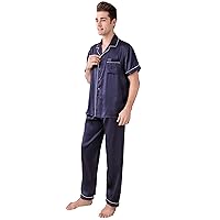Men's 100% Mulberry Silk Pajamas Set,2 piece,Short Sleeve Button-Down Silk Sleepwear Nightwear