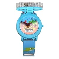 Accutime Baby Shark Digital Quartz Kids' Watch - LCD Display, Flipping Face Dial, Round Blue Plastic Band, 18mm Case Thickness