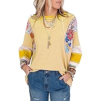 EVALESS Women's Crewneck Batwing 3/4 Sleeve Patchwork Shirts Waffle Knit Loose Blouse Tops