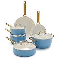 GreenPan Reserve Hard Anodized Healthy Ceramic Nonstick 10 Piece Cookware Pots and Pans Set, Gold Handle, PFAS-Free, Dishwasher Safe, Oven Safe, Sky Blue