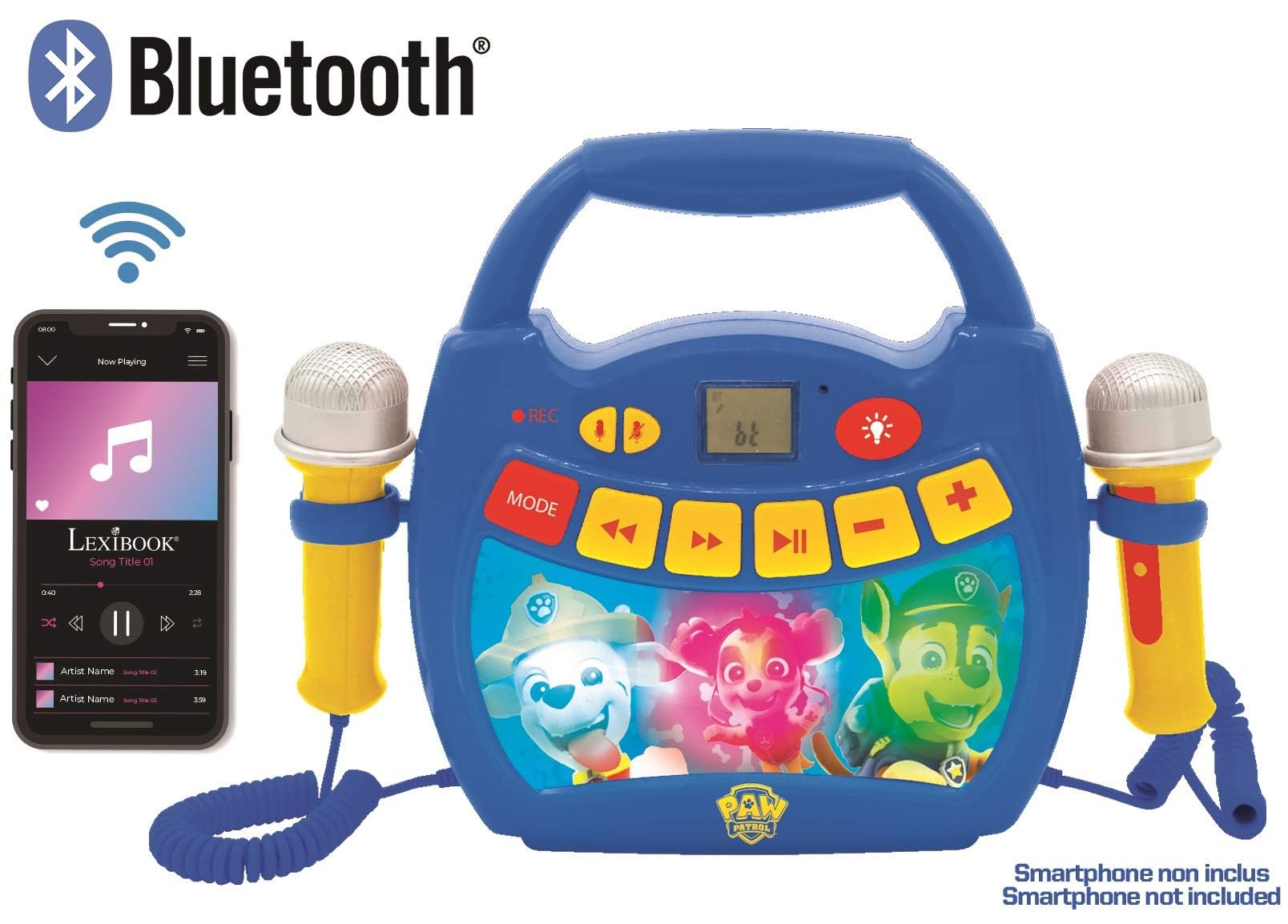 Lexibook – Paw Patrol - Portable Karaoke Digital Player for Kids – Microphones, Light Effects, Bluetooth, Record and Voice Changer Functions, Rechargeable Battery, Blue/red, MP320PAZ