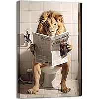 GLOKAKA Funny Bathroom Wall Art Cute Lion Sitting on Toilet Reading Newspaper Canvas Print Picture Humor Animal Wall Art For Bathroom Bedroom Kitchen,Ready to Hang