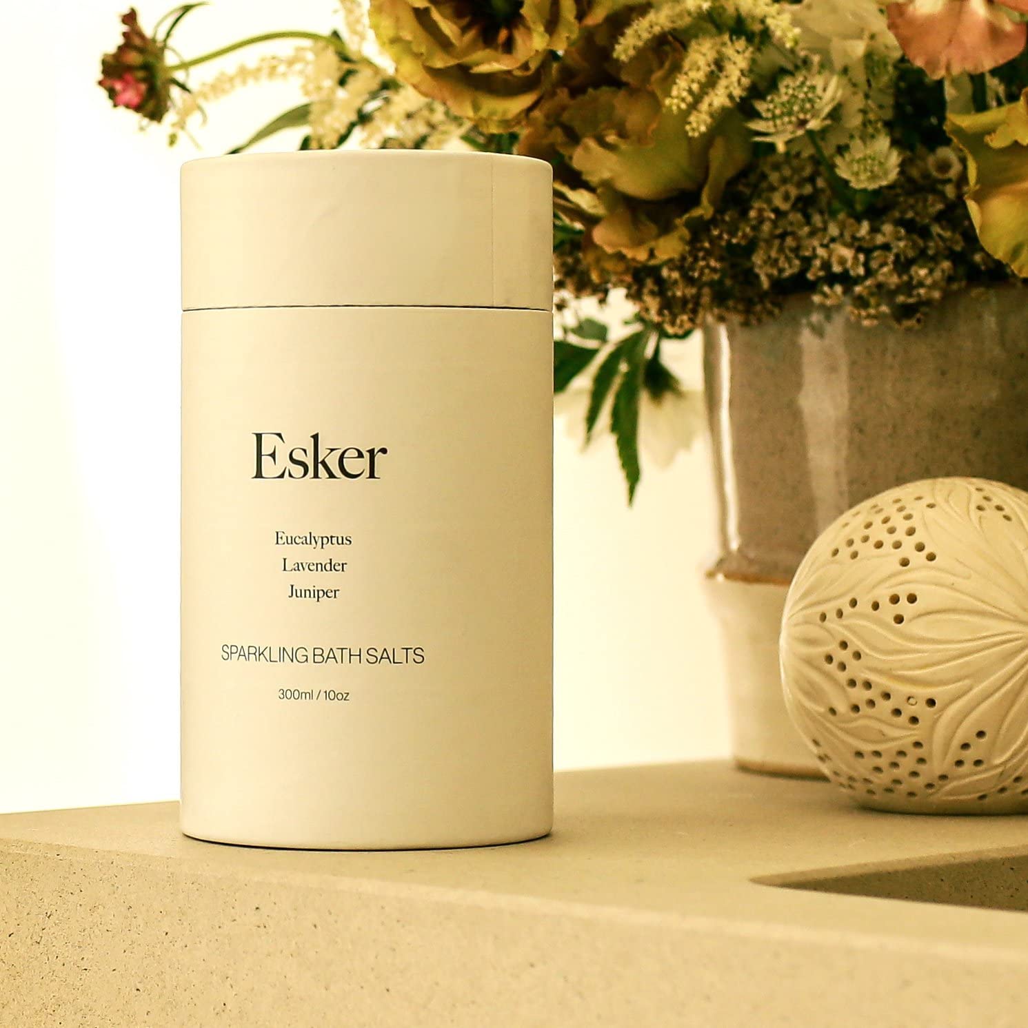 Esker - Natural Sparkling Bath Salts in Custom Glass Carafe | Vegan, Cruelty-Free, Clean Beauty (10 oz | 300 mL)