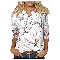 Womens Tshirts Trendy Floral Print Three Quarter Sleeve Button Collar Top T-Shirt Bottom Shirt