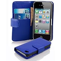 Book Case Compatible with Apple iPhone 4 / iPhone 4S in Navy Blue - with Stand Function and Card Slot Made of Smooth Faux Leather - Wallet Etui Cover Pouch PU Leather Flip