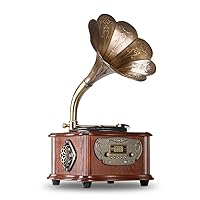 Record Player Retro Turntable All in One Vintage Phonograph Nostalgic Gramophone for LP with Copper Horn, Built-in Speaker 3.5mm Aux-in/USB