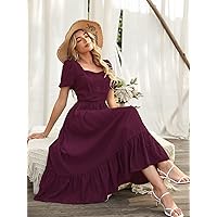 Women Dresses Ruffle Hem Puff Sleeve Dress (Color : Purple, Size : Medium)