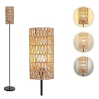 Floor Lamp for Living Room,Farmhouse Rattan Floor lamp,Modern Standing lamp with Hand-Worked Rattan Shade,Black Tall Lamp with Foot Switch